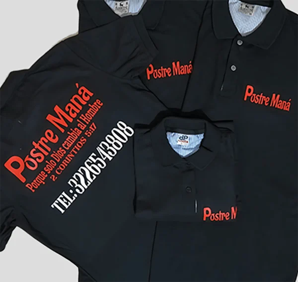 Camisetas personalizadas Postre Maná con diseño promocional y logotipo.